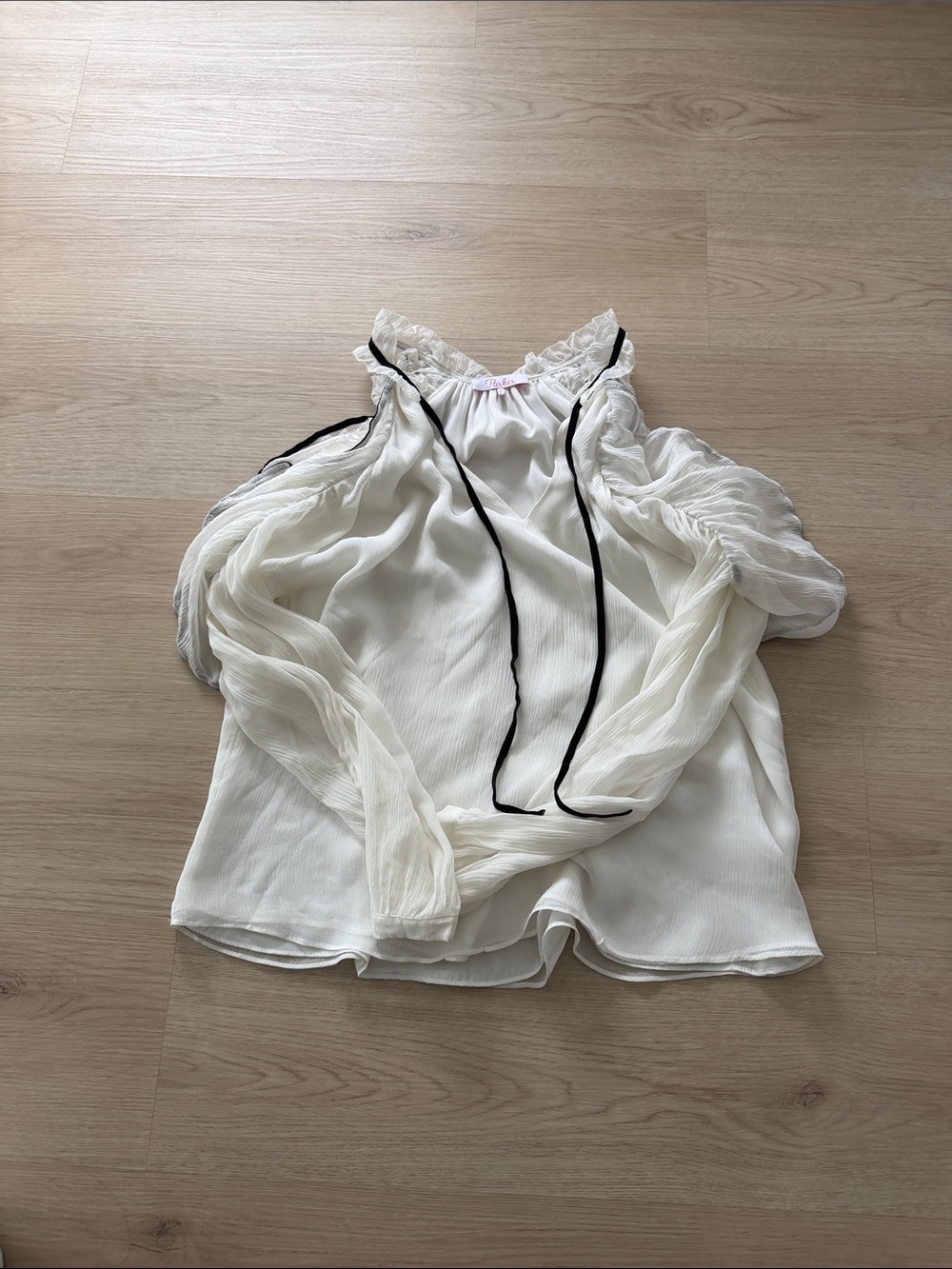 Parker White Sheer cold shoulder Blouse with Black Trim